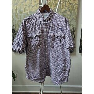 Columbia PFG Super Bahama Check Short Sleeve Fishing Shirt Mens L Red White Blue